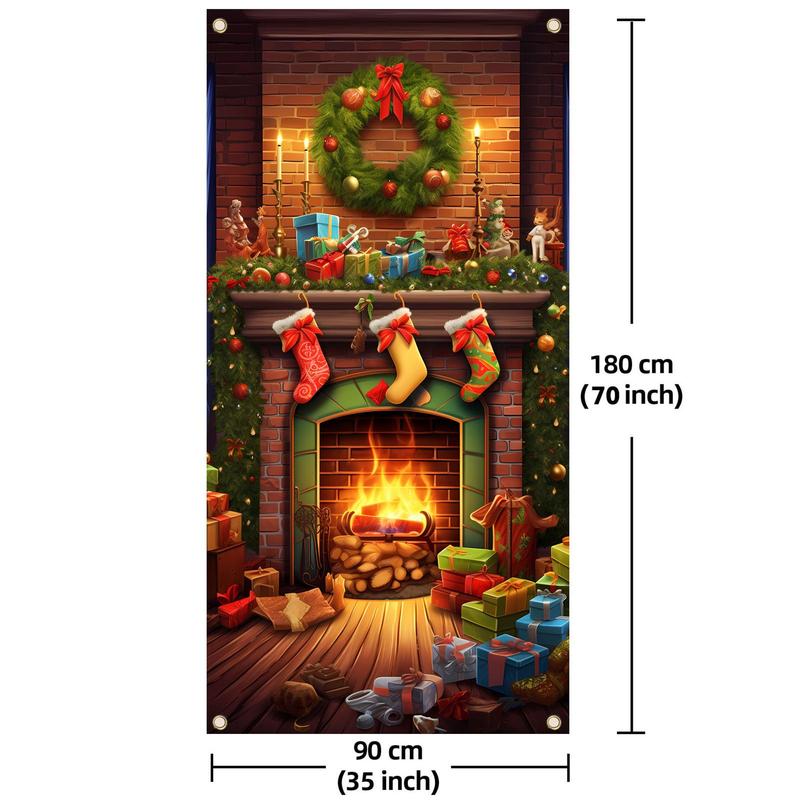 Merry Christmas Door Banner, 1 Count Christmas Door Decoration, Fireplace Backdrop, Christmas Background, Party Decoration Supplies