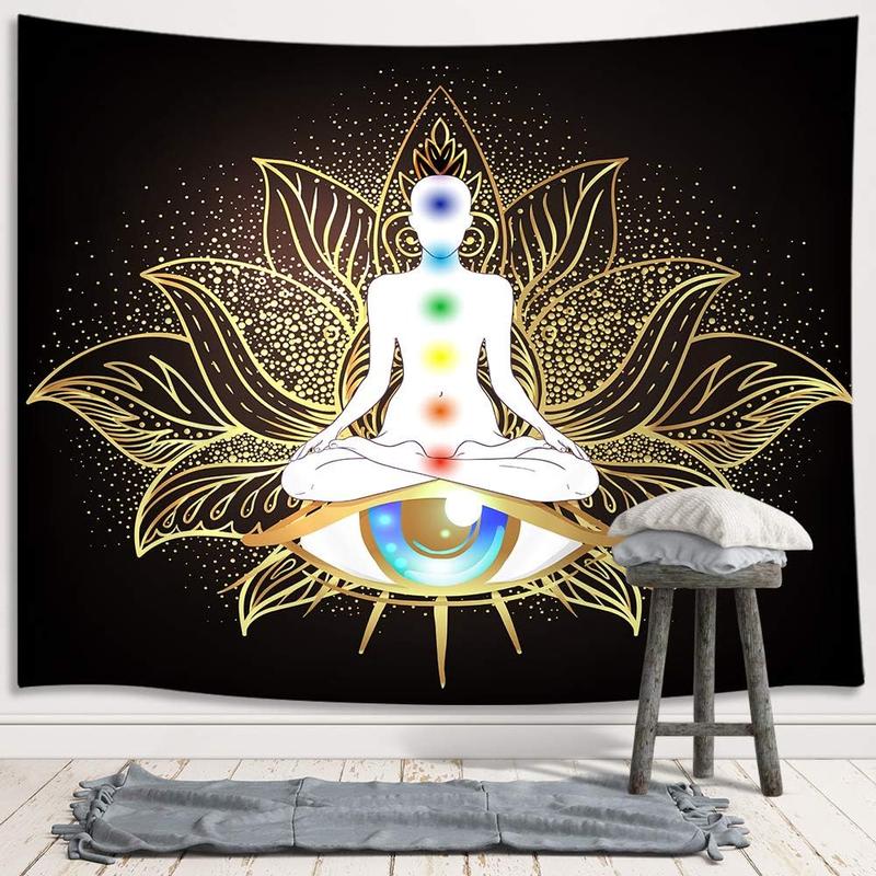 Seven Chakra Tapestry, Mandala Eyes Yoga Meditation Zen Decor Small Tapestry Wall Hanging for Bedroom, Hippie Golden Black Lotus Spiritual Tapestries Poster Beach Blanket College Dorm Home