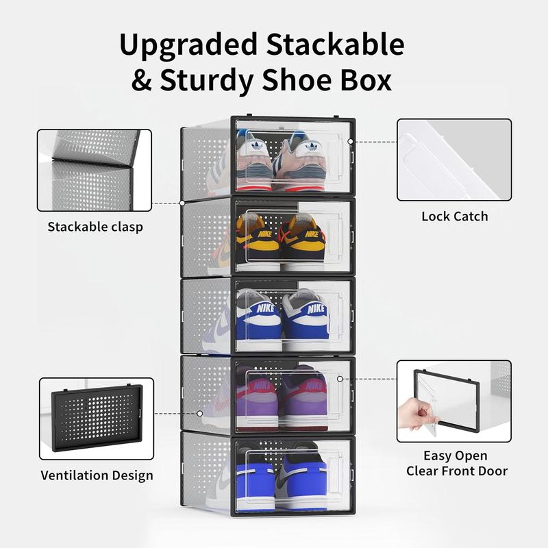 12 Pack Clear Plastic Stackable Shoe Storage Bins, Foldable Shoe Organizer with Black Frame, Space-Saving Sneaker Holder for Closet Boxes