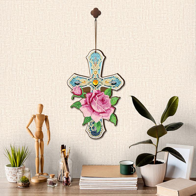 Wooden Cross 5D DIY Diamond Painting Hanging Pendant for Garden Window Decor(05)