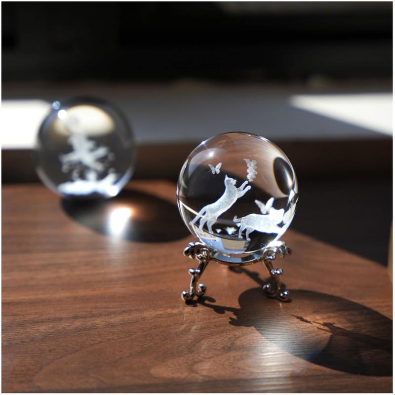 Cat Crystal Ball with Stand 60mm 3D Engraved Decorative Glass Sphere Paperweight(Clear)