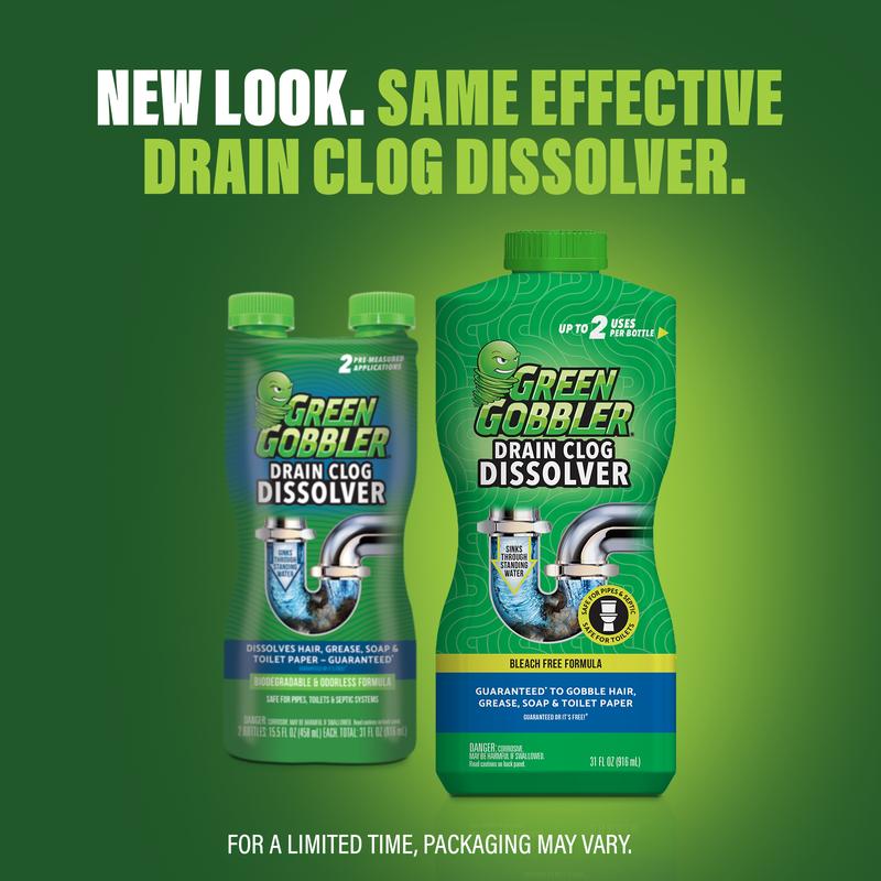 Green Gobbler Liquid Drain Clog Dissolver 31oz - safe for pipes, toilets, septic systems, sinks, tubs, showers