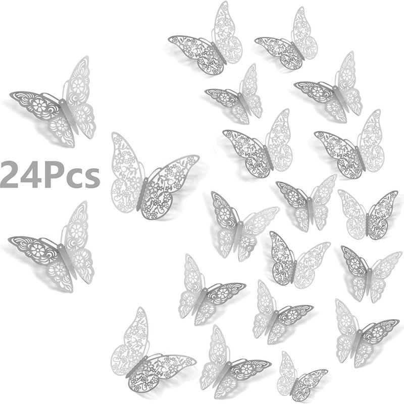 24pcs Hollow Butterfly Design Wall Decoration Stickers, Removable Butterfly Stickers, Party Decoration Props, Room Decoration Decals