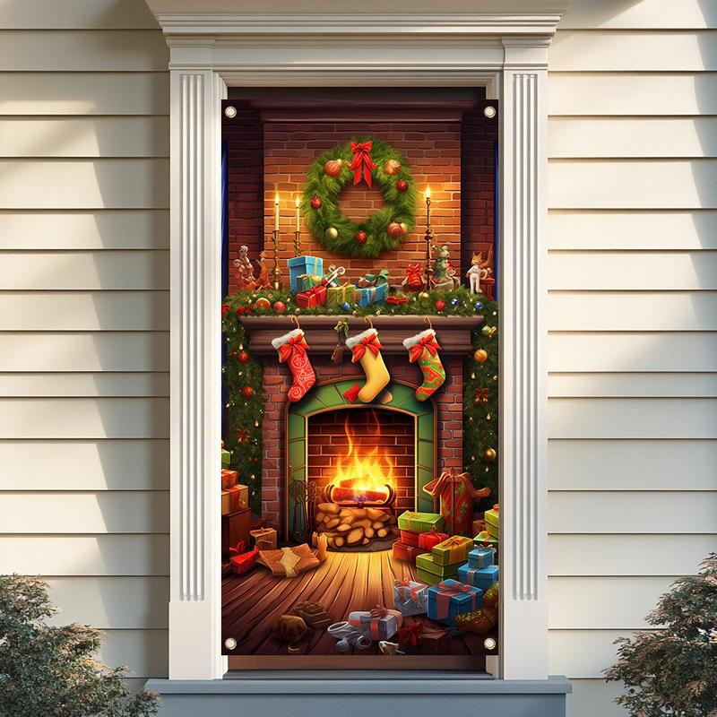 Merry Christmas Door Banner, 1 Count Christmas Door Decoration, Fireplace Backdrop, Christmas Background, Party Decoration Supplies