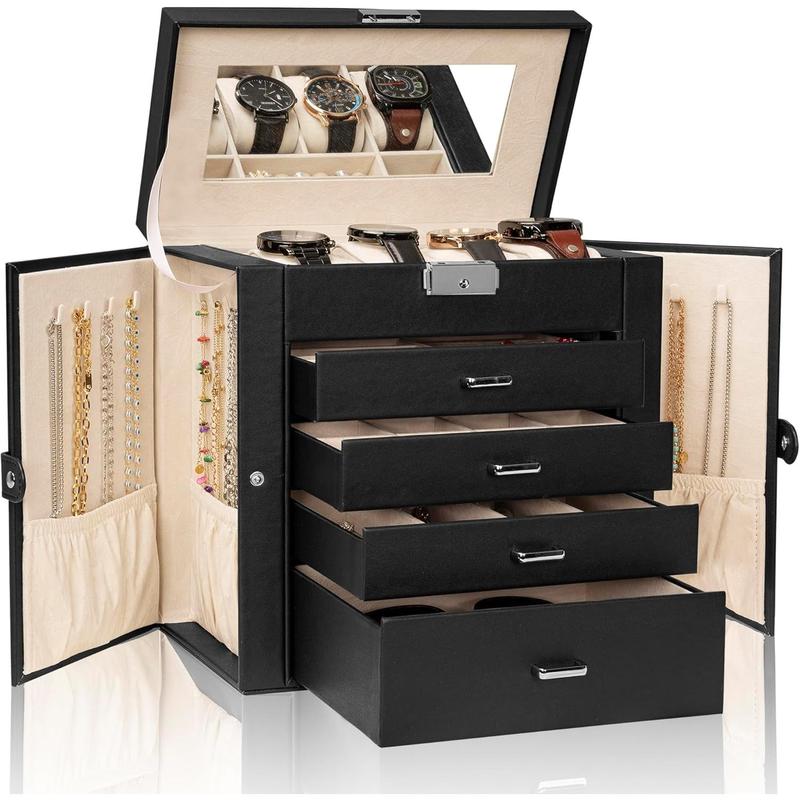 5-Tier Jewelry Box Leather Jewelry Storage Organizer with 4 Drawers Lockable for Women Girls Ring Necklace Earring Bracelet Watches Holder with Mirror Black