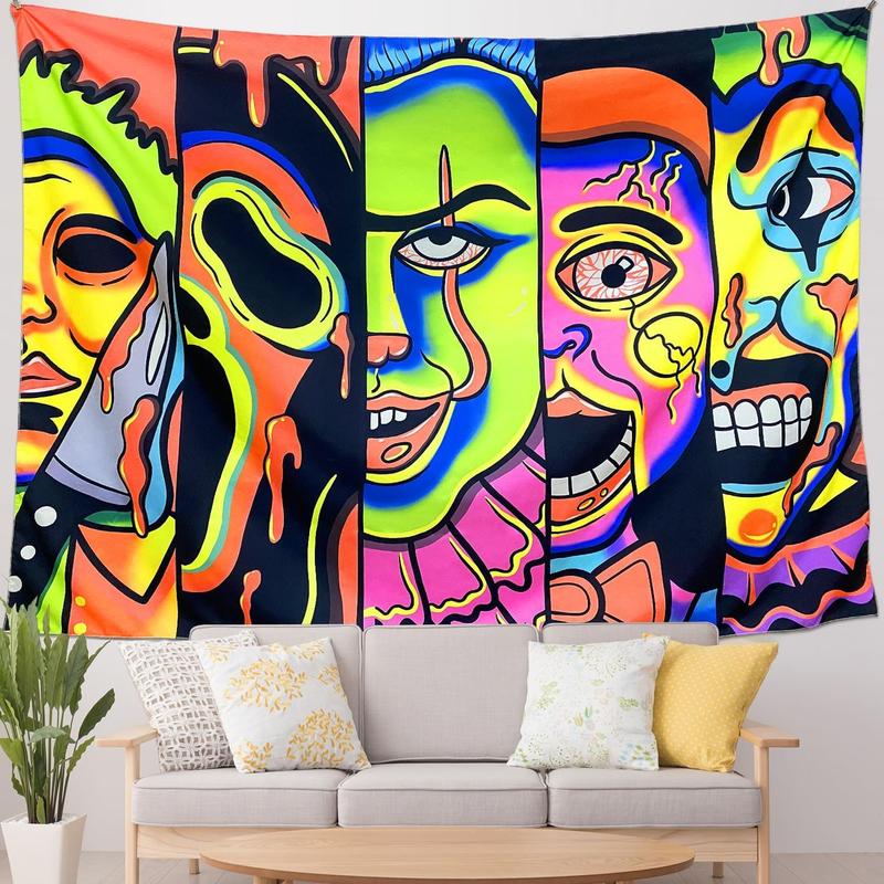 Black Light Art Halloween Wall Decor Trippy Blacklight Horror Face Tapestry, UV Reactive Tapestries Glow in The Dark Party Tapestry for Bedroom, Living Room (28