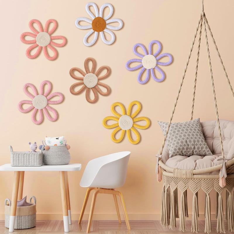 Six pieces of daisy flower wall art decoration, wall decoration of docoids and weaving tassels, suitable for family interior decoration (color)