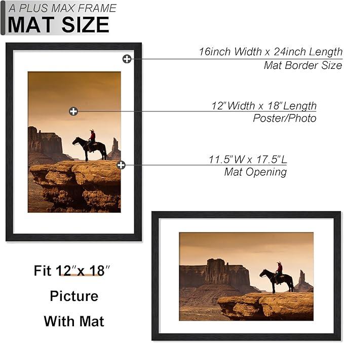 16x24 Picture Frame Set of 3, Engineered Wood Frame Display Photo 12 x 18 with Mat or 16 x 24 without Mat, 16by24 Frame with Black Wood Grain for Wall - 3 Pack Black 16 x24