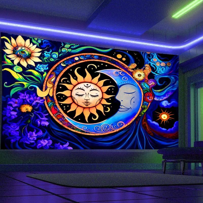 Sun & Moon Pattern UV Black Light Tapestry, Multi-size Boho Style Wall Hanging, Wall Art Decor for Home Living Room Bedroom Party