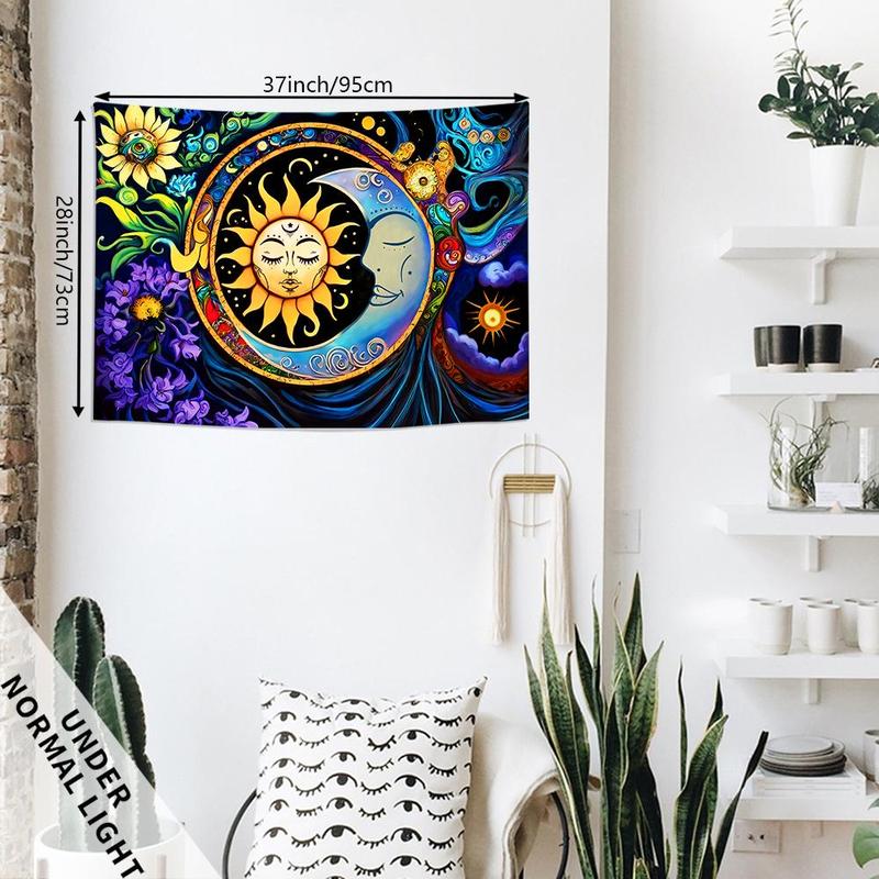 Sun & Moon Pattern UV Black Light Tapestry, Multi-size Boho Style Wall Hanging, Wall Art Decor for Home Living Room Bedroom Party