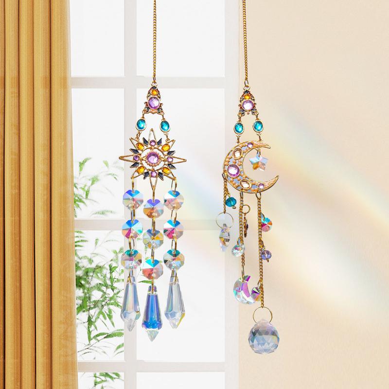 2 Count Crystal Suncatcher,Colorful Sun&Moon Sun Catchers Indoor Window Hanging with Crystals Light Catcher Tree of Life Crystal Suncatchers Prism Hanging for Indoor Outdoor Home Garden Wedding Decor