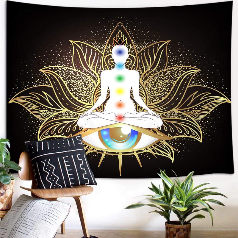 Seven Chakra Tapestry, Mandala Eyes Yoga Meditation Zen Decor Small Tapestry Wall Hanging for Bedroom, Hippie Golden Black Lotus Spiritual Tapestries Poster Beach Blanket College Dorm Home