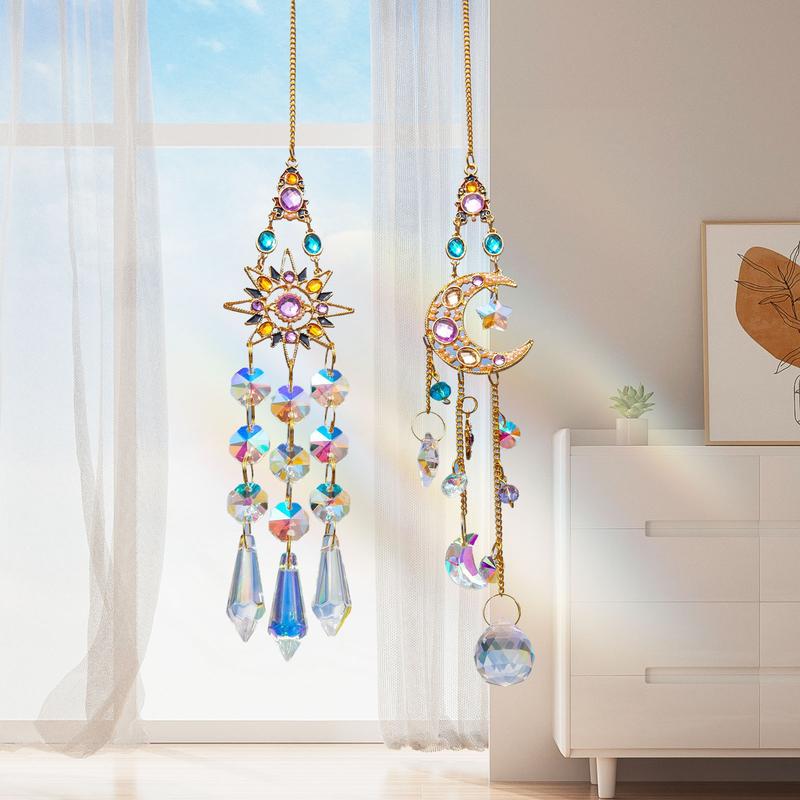 2 Count Crystal Suncatcher,Colorful Sun&Moon Sun Catchers Indoor Window Hanging with Crystals Light Catcher Tree of Life Crystal Suncatchers Prism Hanging for Indoor Outdoor Home Garden Wedding Decor