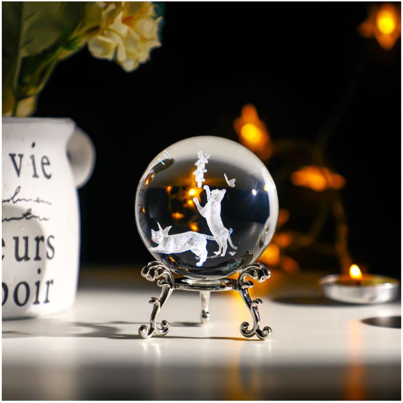 Cat Crystal Ball with Stand 60mm 3D Engraved Decorative Glass Sphere Paperweight(Clear)