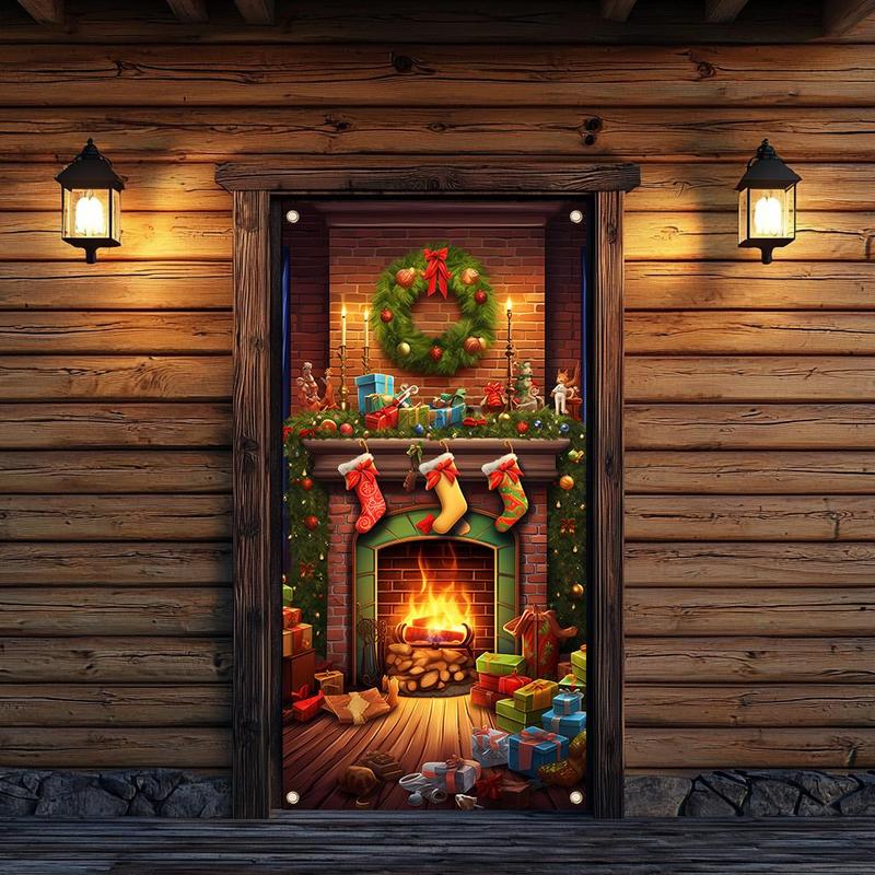 Merry Christmas Door Banner, 1 Count Christmas Door Decoration, Fireplace Backdrop, Christmas Background, Party Decoration Supplies