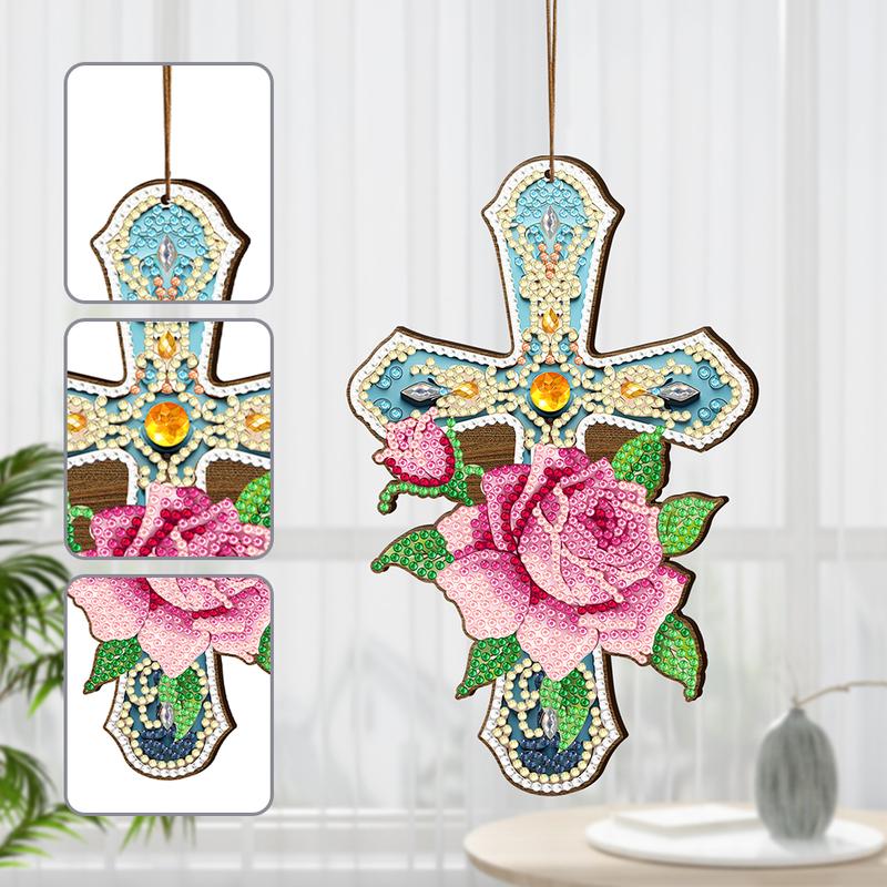 Wooden Cross 5D DIY Diamond Painting Hanging Pendant for Garden Window Decor(05)