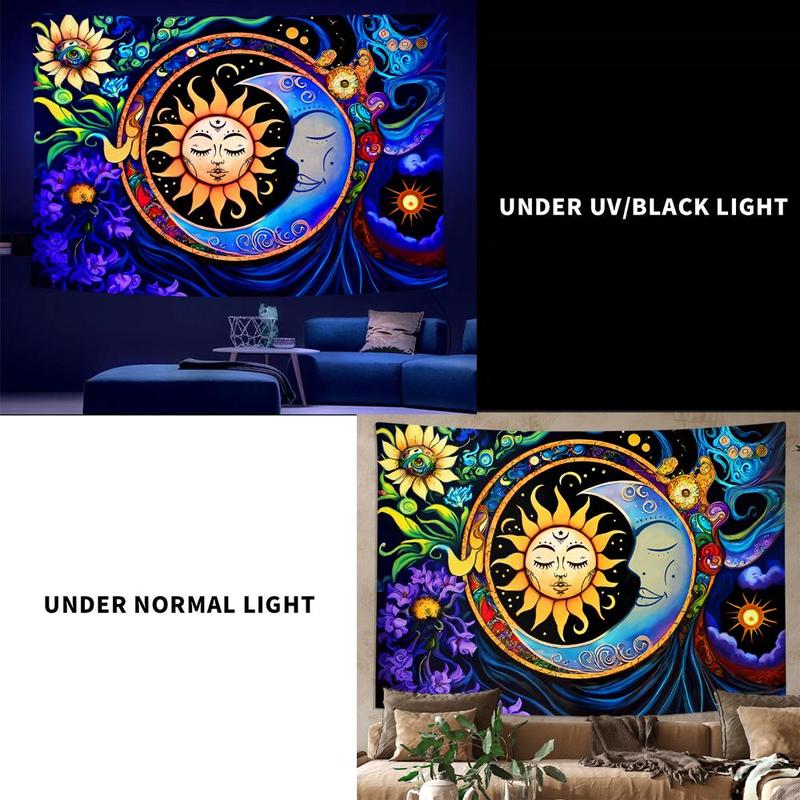 Sun & Moon Pattern UV Black Light Tapestry, Multi-size Boho Style Wall Hanging, Wall Art Decor for Home Living Room Bedroom Party