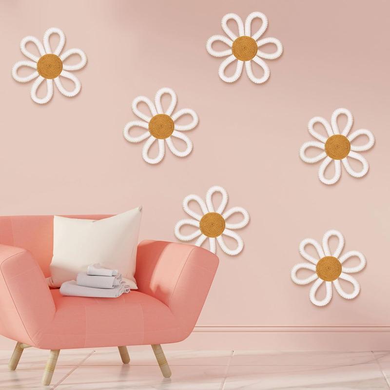 Six pieces of daisy flower wall art decoration, wall decoration of docoids and weaving tassels, suitable for family interior decoration (color)