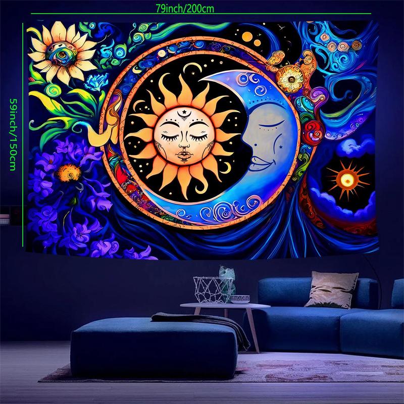 Sun & Moon Pattern UV Black Light Tapestry, Multi-size Boho Style Wall Hanging, Wall Art Decor for Home Living Room Bedroom Party