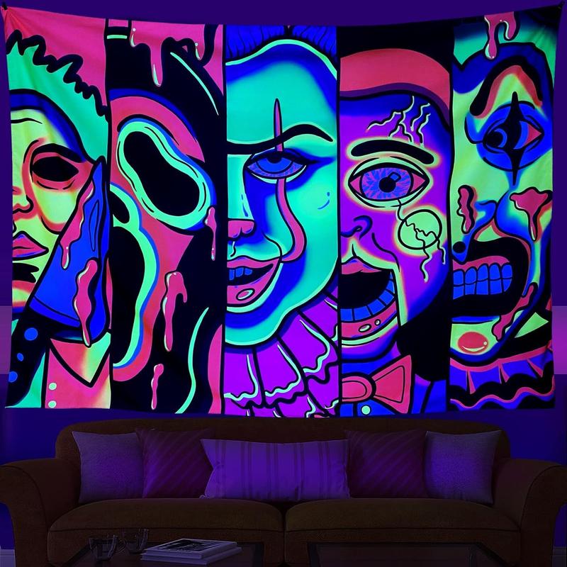 Black Light Art Halloween Wall Decor Trippy Blacklight Horror Face Tapestry, UV Reactive Tapestries Glow in The Dark Party Tapestry for Bedroom, Living Room (28