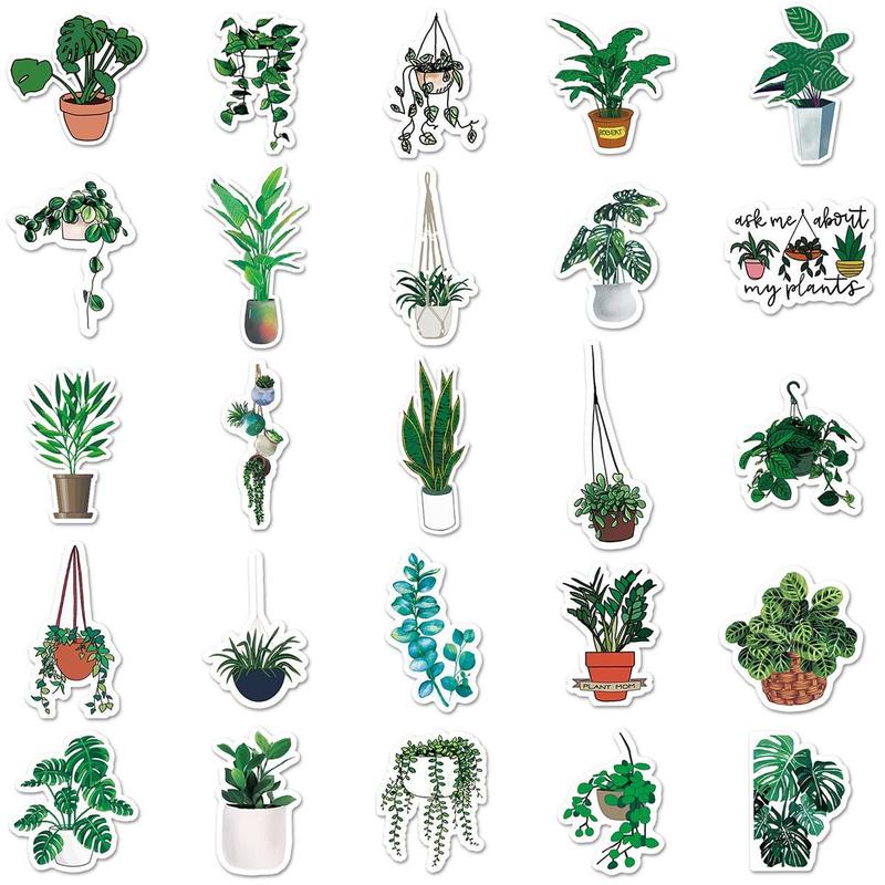 50pcs Set Cartoon Potted Plants Pattern Sticker, Waterproof Self Adhesive Decor Paper, Decor Sticker for Gift Greeting Card Water Bottle Laptop Phone, Christmas Gift