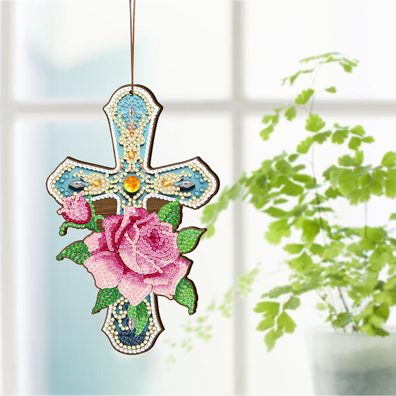 Wooden Cross 5D DIY Diamond Painting Hanging Pendant for Garden Window Decor(05)