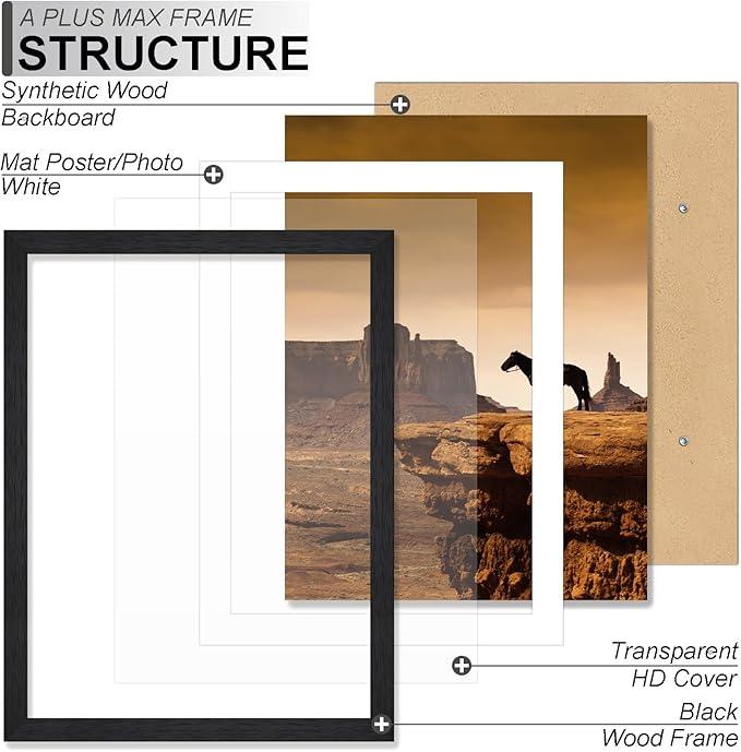 16x24 Picture Frame Set of 3, Engineered Wood Frame Display Photo 12 x 18 with Mat or 16 x 24 without Mat, 16by24 Frame with Black Wood Grain for Wall - 3 Pack Black 16 x24