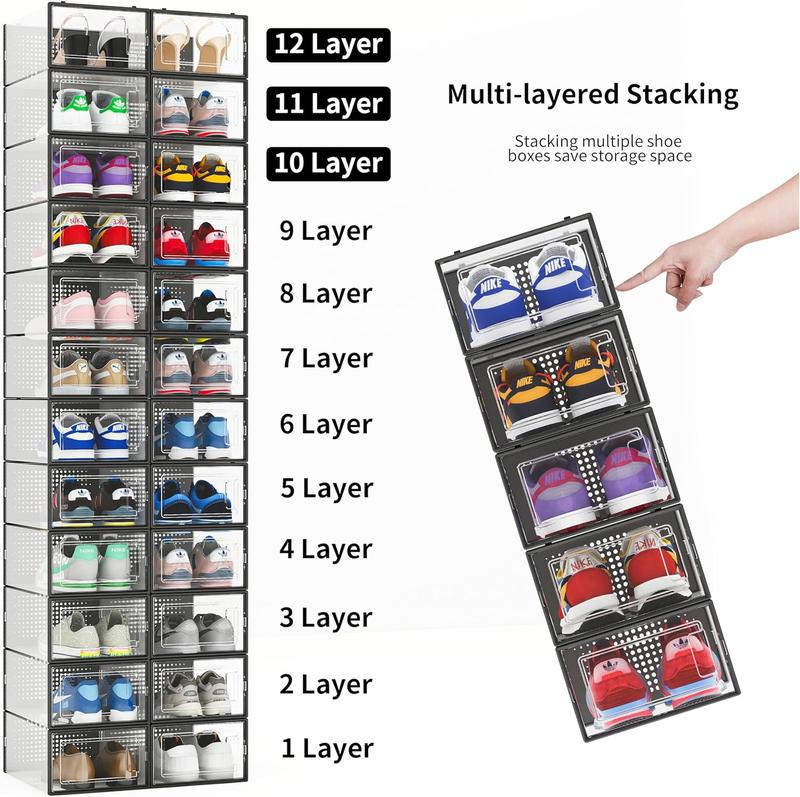 12 Pack Clear Plastic Stackable Shoe Storage Bins, Foldable Shoe Organizer with Black Frame, Space-Saving Sneaker Holder for Closet Boxes