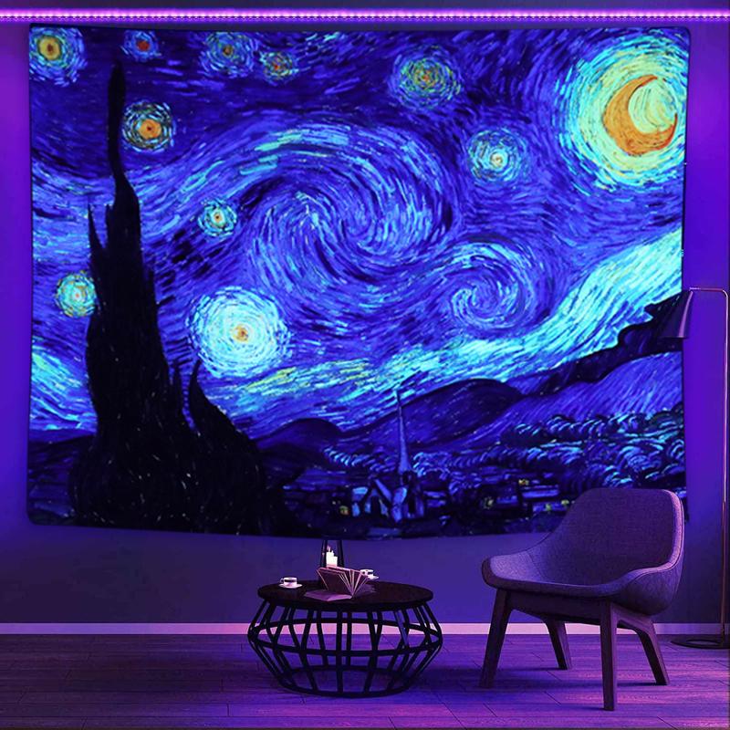 Sinsoledad Blacklight Tapestry Classical Starry Night UV Reactive Wall Art Black Light Poster Van Gogh Wall Decoration for Bedroom Aesthetic Glow in The Dark Home Decor