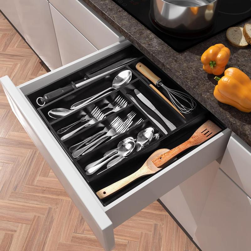 Silverware Organizer, Expandable  Utensil Drawer Organizer,  Drawer Organizer, Silverware Organizer for Cutlery, Utensils, Flatware Holder (6-8 Slots, Black) Pack of 1