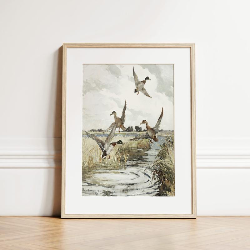 Mallard Ducks Poster No Frame, Vintage Wall Art, Flying Ducks Vintage Painting