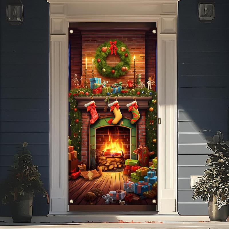 Merry Christmas Door Banner, 1 Count Christmas Door Decoration, Fireplace Backdrop, Christmas Background, Party Decoration Supplies