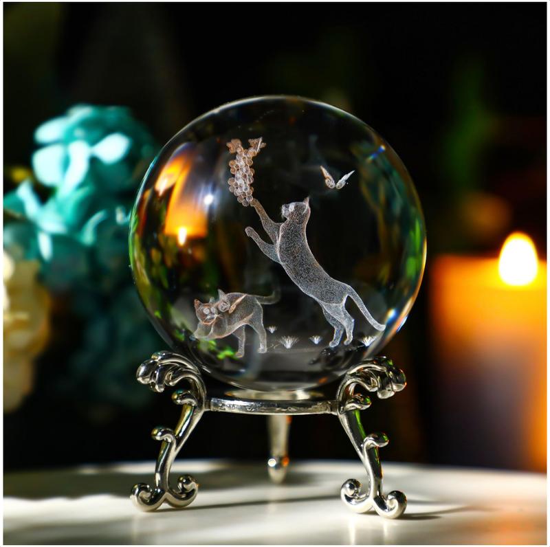 Cat Crystal Ball with Stand 60mm 3D Engraved Decorative Glass Sphere Paperweight(Clear)