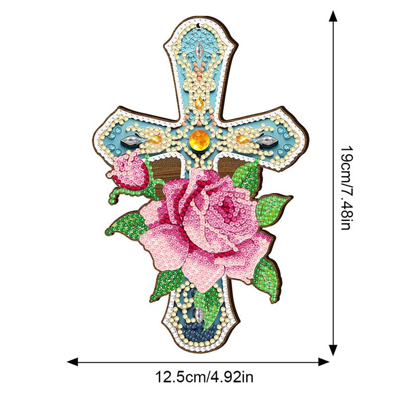 Wooden Cross 5D DIY Diamond Painting Hanging Pendant for Garden Window Decor(05)