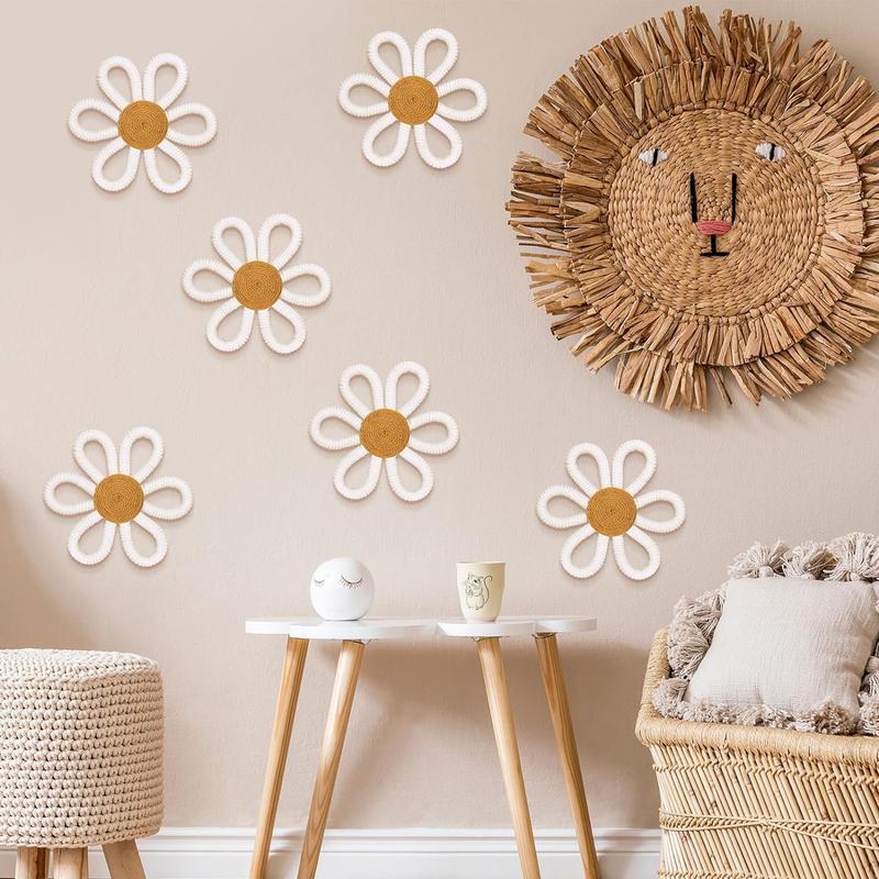 Six pieces of daisy flower wall art decoration, wall decoration of docoids and weaving tassels, suitable for family interior decoration (color)