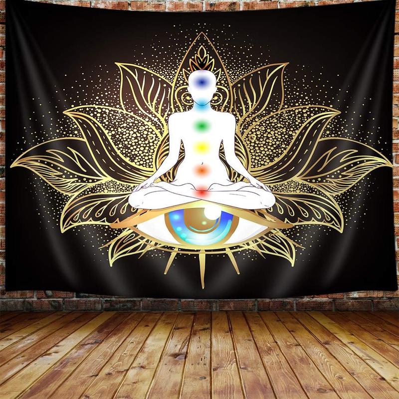 Seven Chakra Tapestry, Mandala Eyes Yoga Meditation Zen Decor Small Tapestry Wall Hanging for Bedroom, Hippie Golden Black Lotus Spiritual Tapestries Poster Beach Blanket College Dorm Home