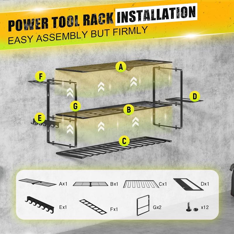 Power Tool Organizer Wall Mount - 150Lbs Load 3 Layers Storage Rack with 4 Drill Holders for Drills Cordless Tools