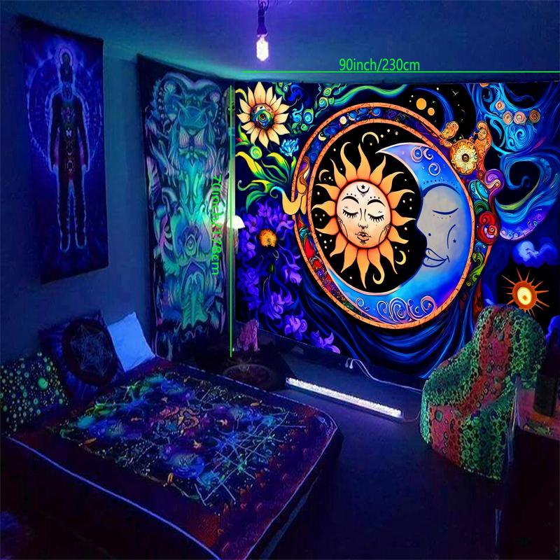 Sun & Moon Pattern UV Black Light Tapestry, Multi-size Boho Style Wall Hanging, Wall Art Decor for Home Living Room Bedroom Party