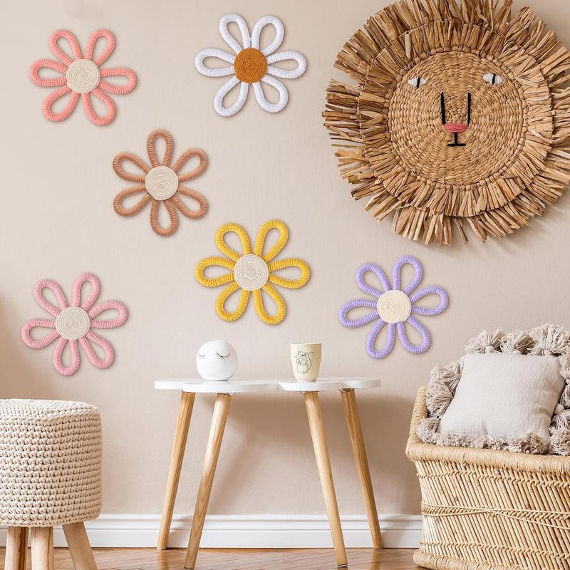 Six pieces of daisy flower wall art decoration, wall decoration of docoids and weaving tassels, suitable for family interior decoration (color)