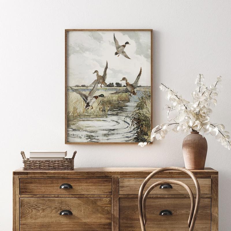 Mallard Ducks Poster No Frame, Vintage Wall Art, Flying Ducks Vintage Painting