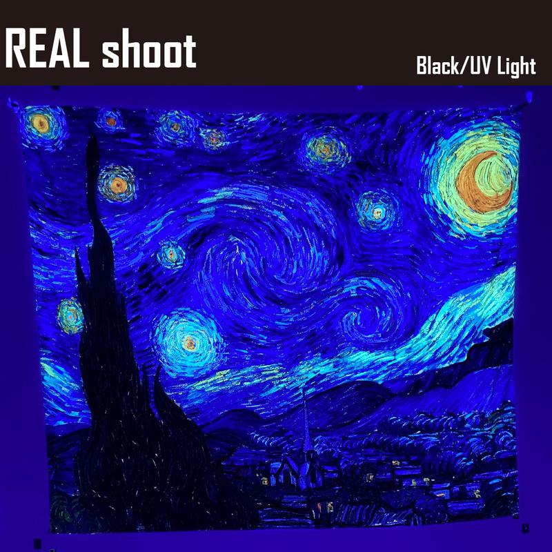 Sinsoledad Blacklight Tapestry Classical Starry Night UV Reactive Wall Art Black Light Poster Van Gogh Wall Decoration for Bedroom Aesthetic Glow in The Dark Home Decor