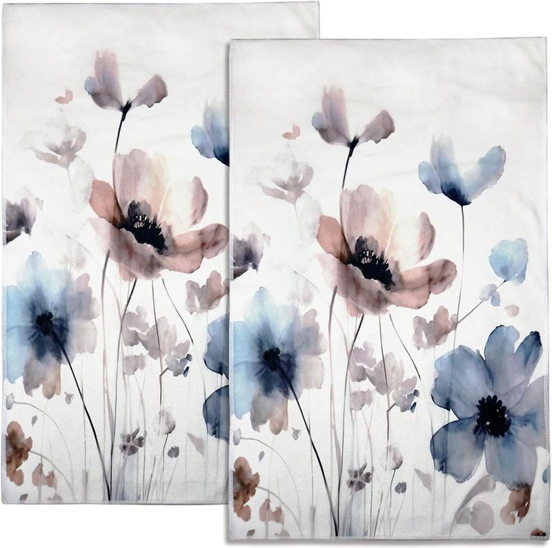 Boho Floral Decorative Hand Towel Set of 2 for Bathroom, Cream Tan Beige Blue Grey White Watercolor Flower Kitchen Towels Absorbent Cute Farmhouse Towels for Yoga Gym  Hotel 28X16 in