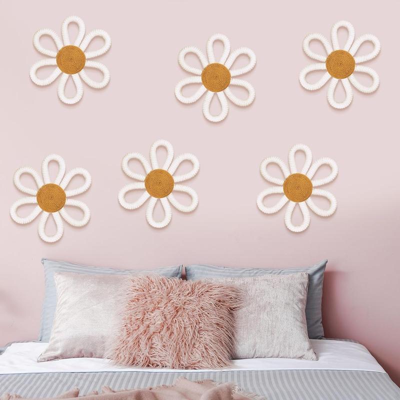 Six pieces of daisy flower wall art decoration, wall decoration of docoids and weaving tassels, suitable for family interior decoration (color)