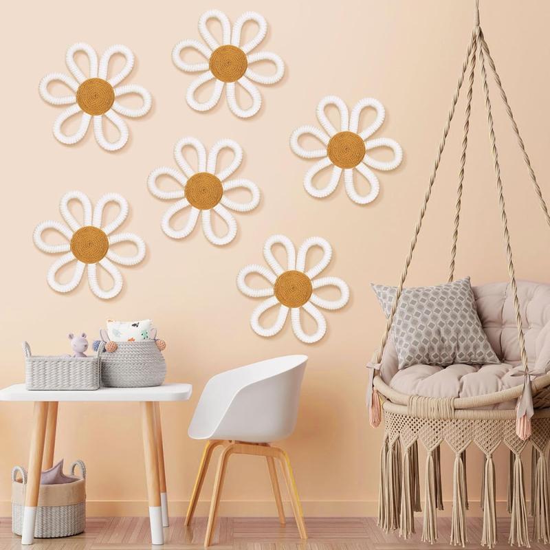 Six pieces of daisy flower wall art decoration, wall decoration of docoids and weaving tassels, suitable for family interior decoration (color)