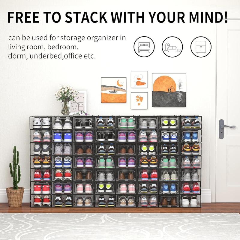 12 Pack Clear Plastic Stackable Shoe Storage Bins, Foldable Shoe Organizer with Black Frame, Space-Saving Sneaker Holder for Closet Boxes