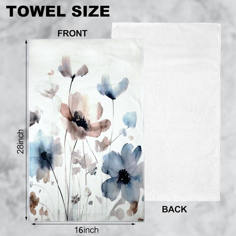 Boho Floral Decorative Hand Towel Set of 2 for Bathroom, Cream Tan Beige Blue Grey White Watercolor Flower Kitchen Towels Absorbent Cute Farmhouse Towels for Yoga Gym  Hotel 28X16 in