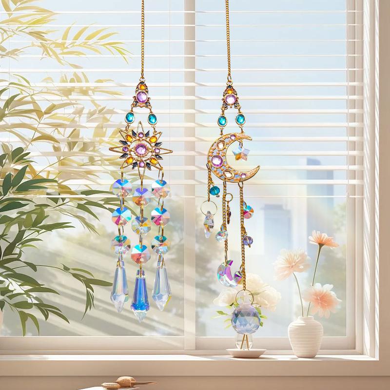 2 Count Crystal Suncatcher,Colorful Sun&Moon Sun Catchers Indoor Window Hanging with Crystals Light Catcher Tree of Life Crystal Suncatchers Prism Hanging for Indoor Outdoor Home Garden Wedding Decor