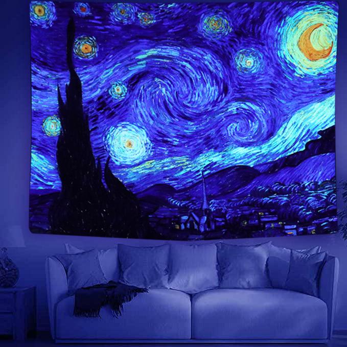 Sinsoledad Blacklight Tapestry Classical Starry Night UV Reactive Wall Art Black Light Poster Van Gogh Wall Decoration for Bedroom Aesthetic Glow in The Dark Home Decor