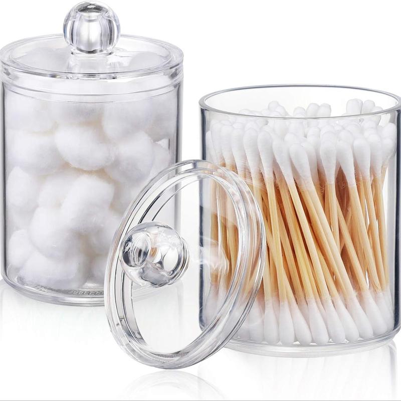 Q-tip Holder, 2 Counts 10oz Clear Plastic Q-tip Dispenser, Apothecary Jar Set for Bathroom Canister Storage Organization, Vanity Makeup Organizer