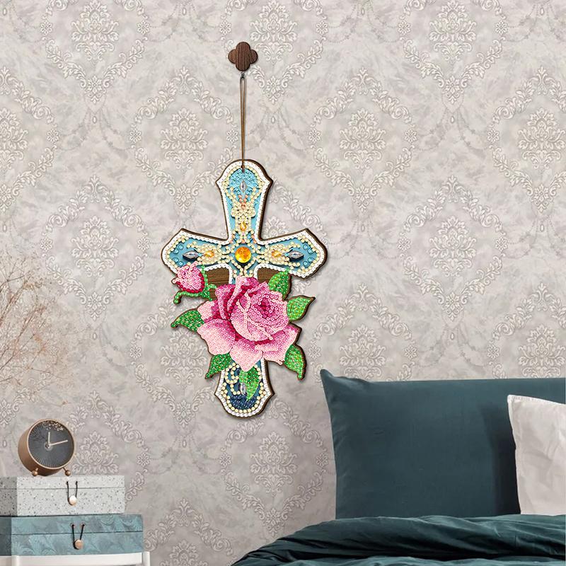 Wooden Cross 5D DIY Diamond Painting Hanging Pendant for Garden Window Decor(05)